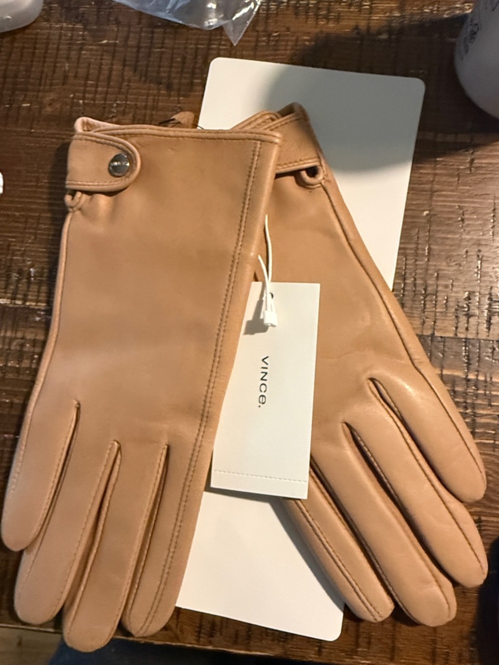 Vince Tan Leather Snap-Closure Women's Gloves NWT
